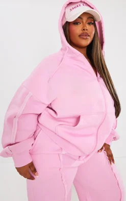 Plus Light Pink Oversized Zip Through Seam Detail Hoodie