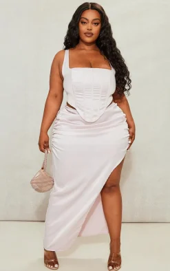 Plus Light Pink Satin Ruched Side Split Midi Skirt