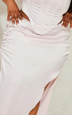 Plus Light Pink Satin Ruched Side Split Midi Skirt