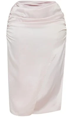 Plus Light Pink Satin Ruched Side Split Midi Skirt