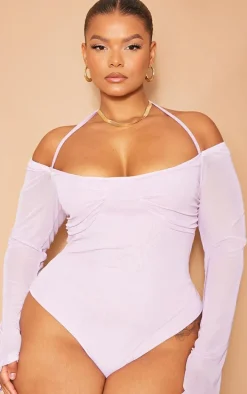 Plus Lilac Mesh Sleeve Halter Neck Bodysuit