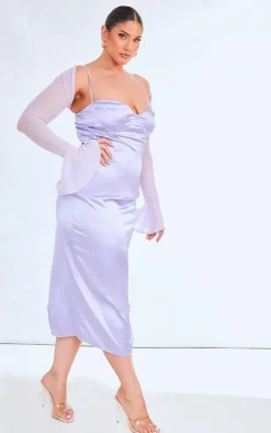 Plus Lilac Satin Midi Dress With Mesh Bolero
