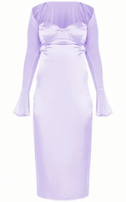 Plus Lilac Satin Midi Dress With Mesh Bolero