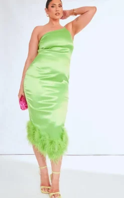 Plus Lime Satin Feather Trim One Shoulder Midi Dress