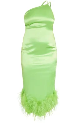 Plus Lime Satin Feather Trim One Shoulder Midi Dress