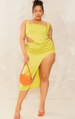 Plus Lime Satin Ruched Side Split Midi Skirt