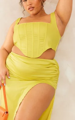 Plus Lime Satin Ruched Side Split Midi Skirt