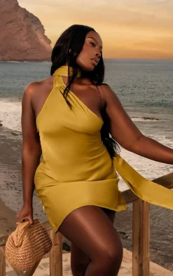 Plus Lime Satin Scarf Detail Bodycon Dress