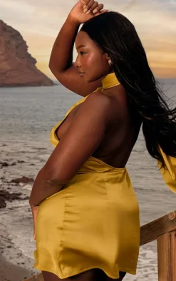 Plus Lime Satin Scarf Detail Bodycon Dress