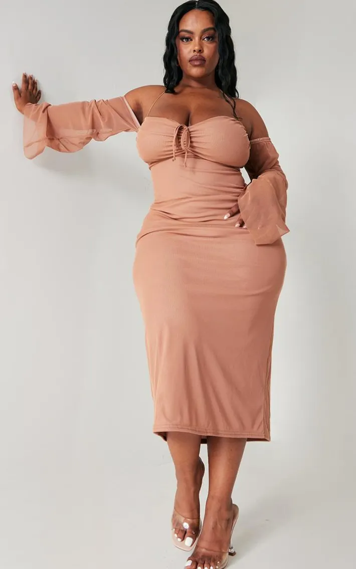 Plus Mauve Mesh Ruched Bust Sleeve Detail Midi Dress