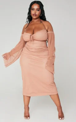 Plus Mauve Mesh Ruched Bust Sleeve Detail Midi Dress