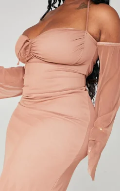 Plus Mauve Mesh Ruched Bust Sleeve Detail Midi Dress