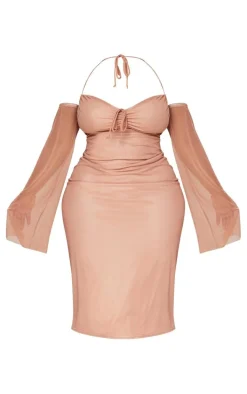 Plus Mauve Mesh Ruched Bust Sleeve Detail Midi Dress