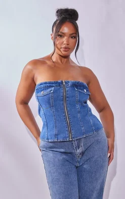 Plus Mid Blue Wash Bandeau Zip Up Denim Corset