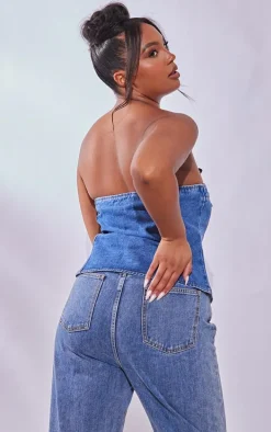 Plus Mid Blue Wash Bandeau Zip Up Denim Corset