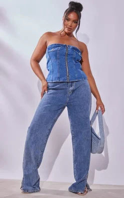 Plus Mid Blue Wash Bandeau Zip Up Denim Corset