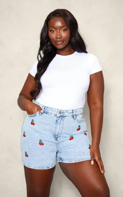Plus Mid Blue Wash Cherry Embroidered Shorts