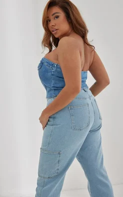 Plus Mid Blue Wash Corset Button Up Crop Top