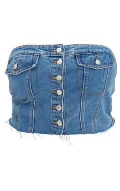 Plus Mid Blue Wash Corset Button Up Crop Top