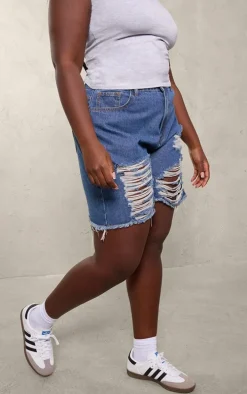 Plus Mid Blue Wash Distressed Longline Boyfriend Shorts