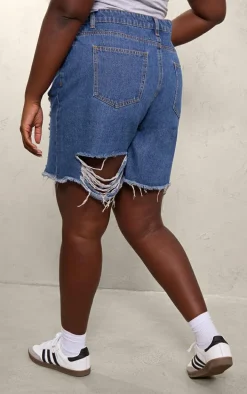 Plus Mid Blue Wash Distressed Longline Boyfriend Shorts