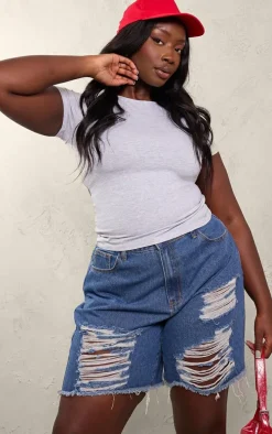 Plus Mid Blue Wash Distressed Longline Boyfriend Shorts