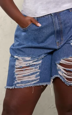 Plus Mid Blue Wash Distressed Longline Boyfriend Shorts
