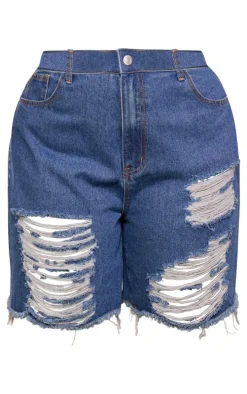 Plus Mid Blue Wash Distressed Longline Boyfriend Shorts