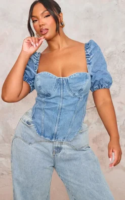 Plus Mid Blue Wash Puff Sleeve Denim Corset Top