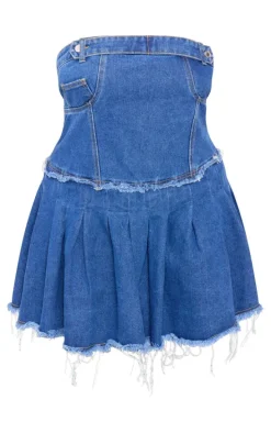 Plus Mid Blue Wash Raw Edge Pleated Bandeau Denim Mini Dress