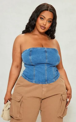 Plus Mid Blue Wash Seam Detail Stretch Denim Corset