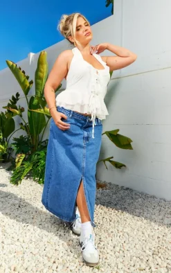 Plus Mid Blue Wash Split Front Denim Midi Skirt