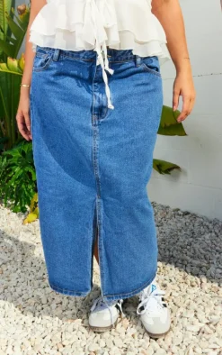 Plus Mid Blue Wash Split Front Denim Midi Skirt
