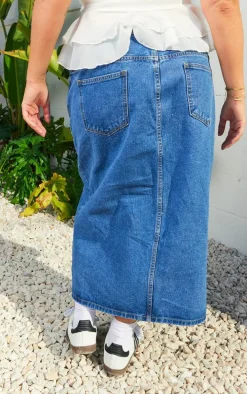 Plus Mid Blue Wash Split Front Denim Midi Skirt