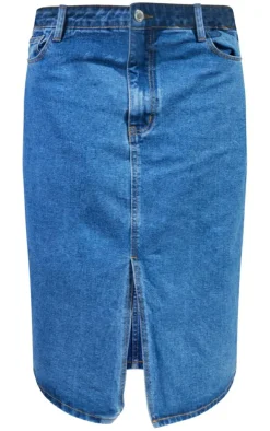 Plus Mid Blue Wash Split Front Denim Midi Skirt