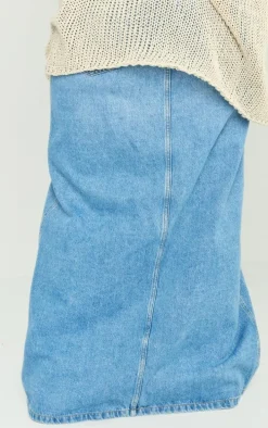 Plus Mid Blue Wash Split Front Denim Maxi Skirt