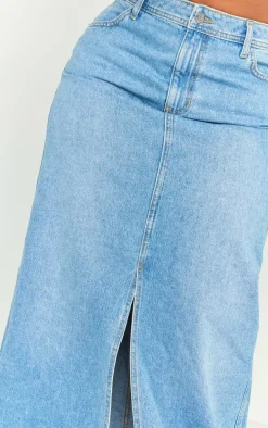 Plus Mid Blue Wash Split Front Denim Maxi Skirt