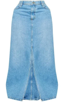 Plus Mid Blue Wash Split Front Denim Maxi Skirt