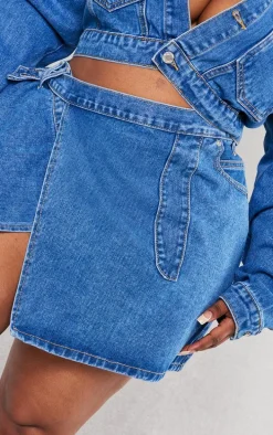Plus Mid Blue Wash Wrap Denim Mini Skirt