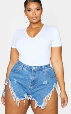 Plus Mid Wash Extreme Thigh Rip Denim Short