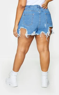 Plus Mid Wash Extreme Thigh Rip Denim Short