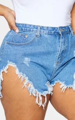 Plus Mid Wash Extreme Thigh Rip Denim Short