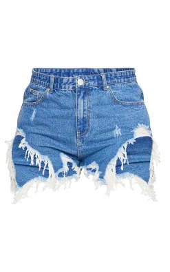 Plus Mid Wash Extreme Thigh Rip Denim Short