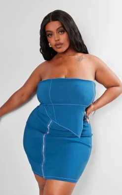 Plus Midnight Blue Asymmetric Seam Detail Zip Up Corset Bodycon Dress