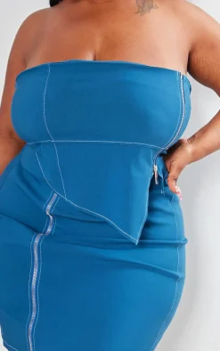 Plus Midnight Blue Asymmetric Seam Detail Zip Up Corset Bodycon Dress