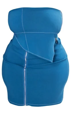 Plus Midnight Blue Asymmetric Seam Detail Zip Up Corset Bodycon Dress