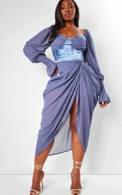 Plus Mineral Blue Satin Insert Draped Chiffon Midi Dress