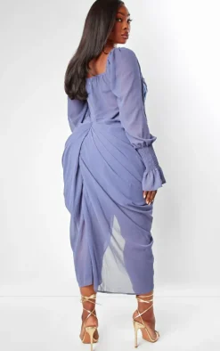 Plus Mineral Blue Satin Insert Draped Chiffon Midi Dress