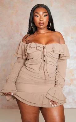 Plus Mocha Bardot Ruffle Detail Shift Dress
