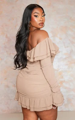 Plus Mocha Bardot Ruffle Detail Shift Dress